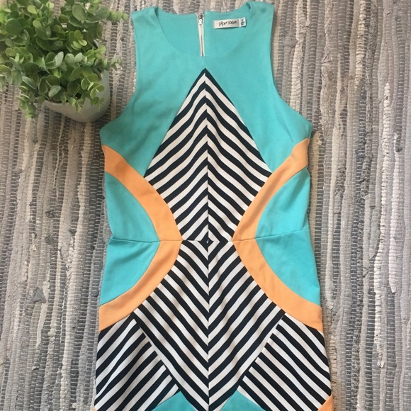 NWOT Paper Scissors Bodycon Geometric Dress in Black White Tourquoise Orange SZM - Picture 1 of 11